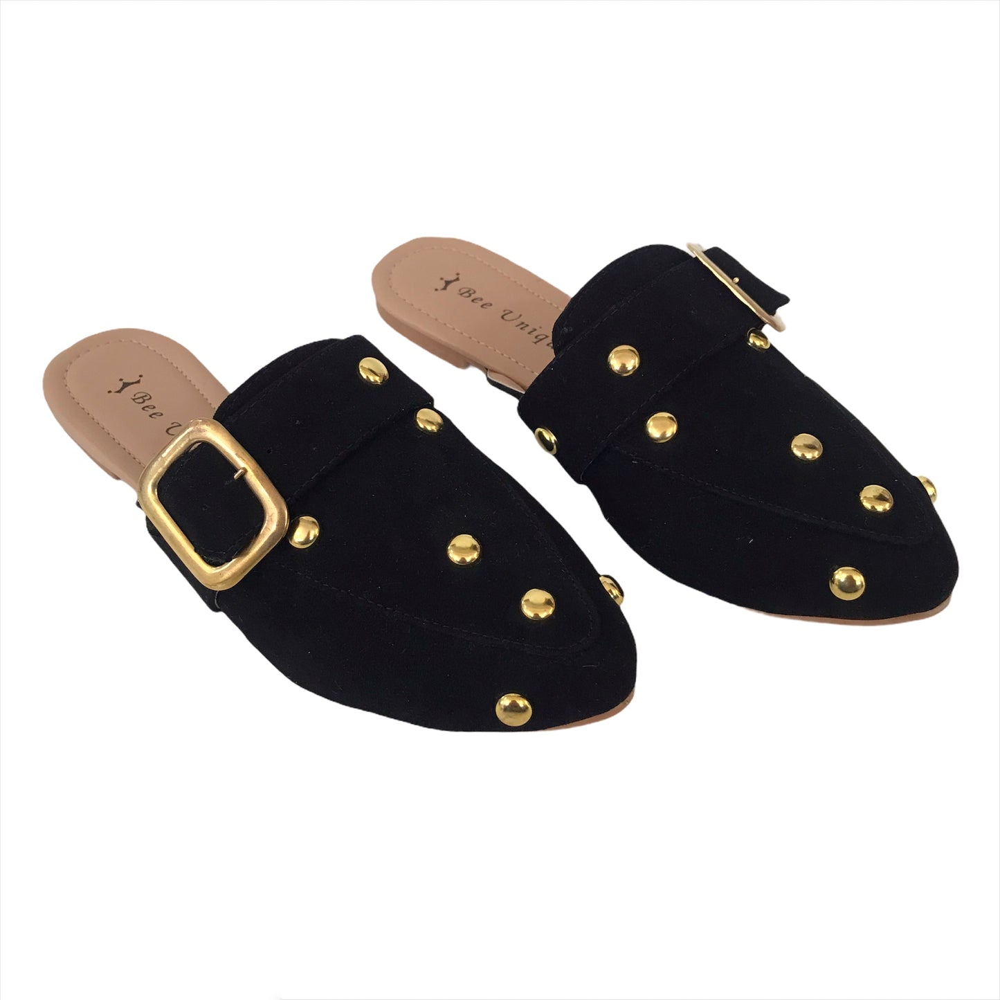 Mules en color negro con estoperoles en color doradio