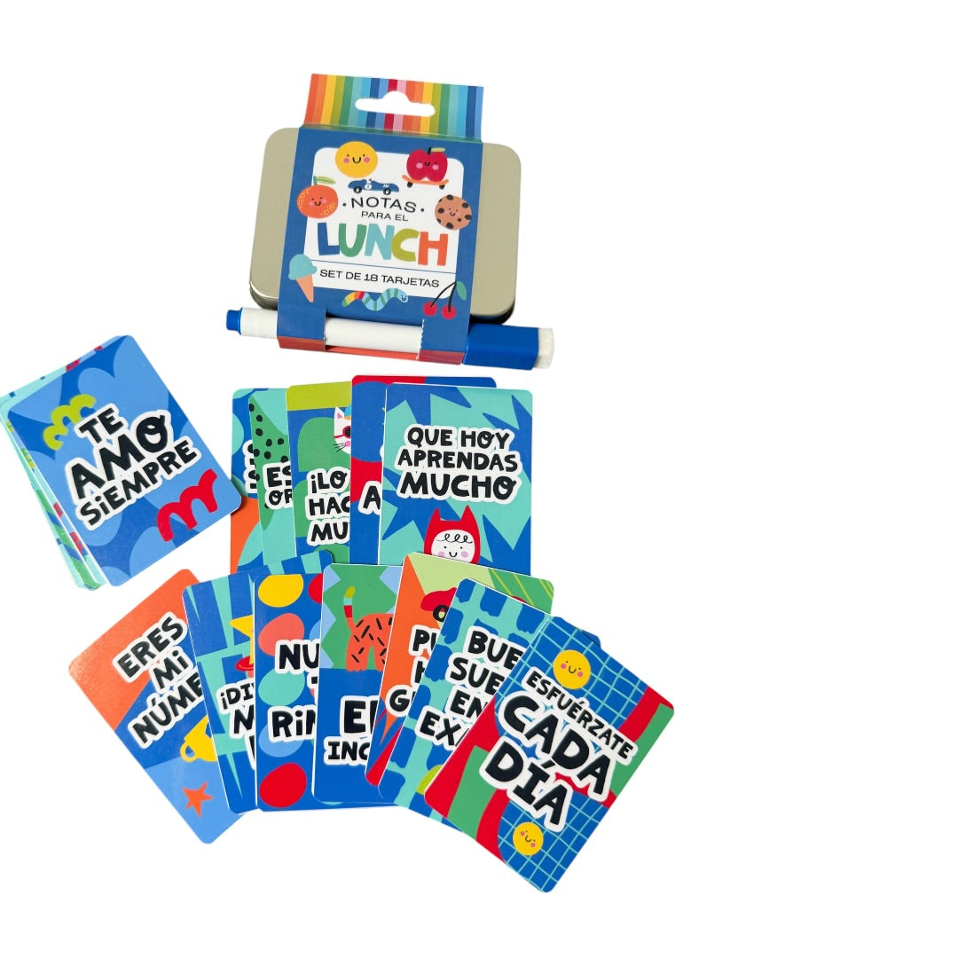 Notas para Lunch Box | 18 Tarjetas Motivacionales + Plumón + Caja Metálica