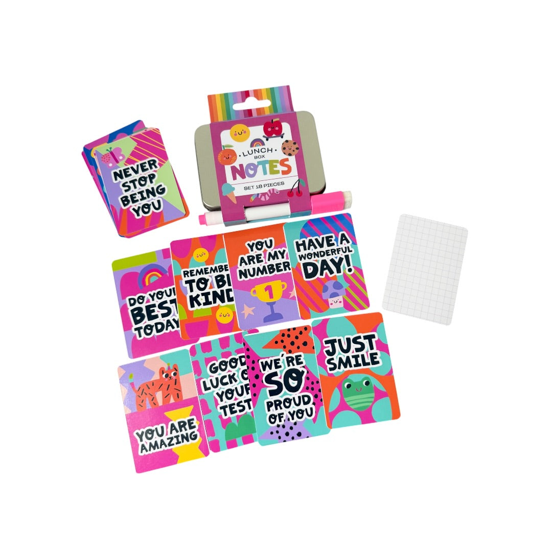 Notas para Lunch Box | 18 Tarjetas Motivacionales + Plumón + Caja Metálica