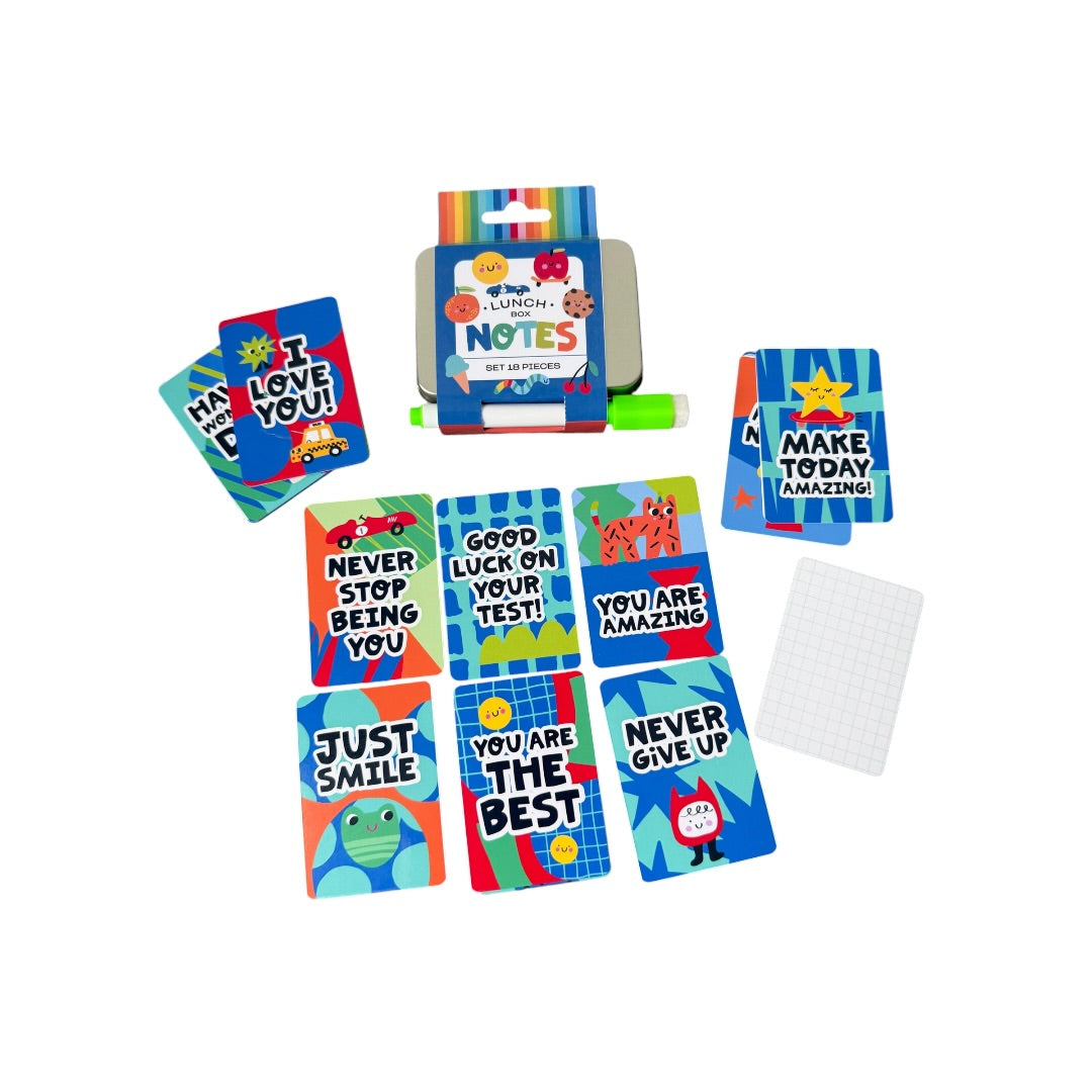 Notas para Lunch Box | 18 Tarjetas Motivacionales + Plumón + Caja Metálica
