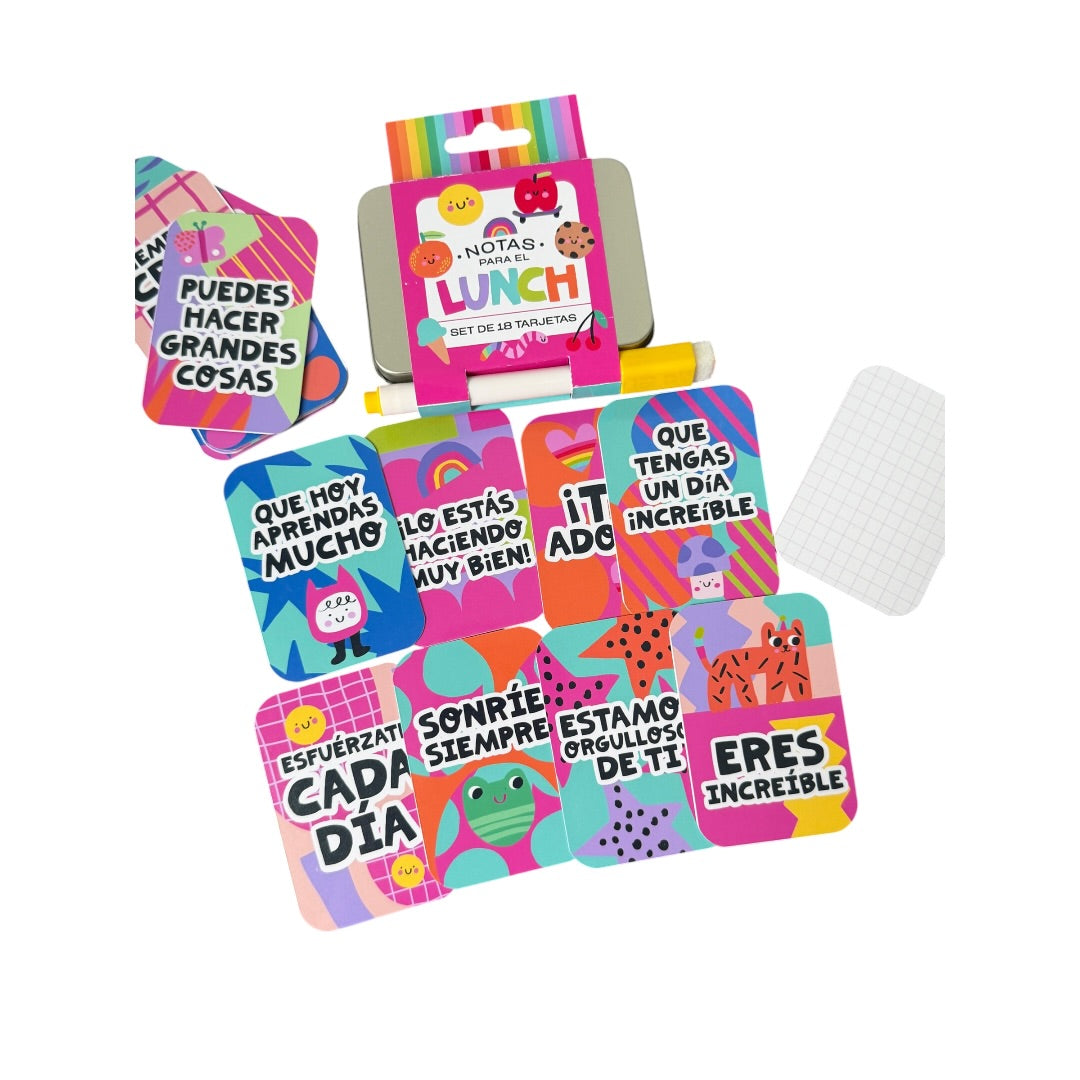 Notas para Lunch Box | 18 Tarjetas Motivacionales + Plumón + Caja Metálica